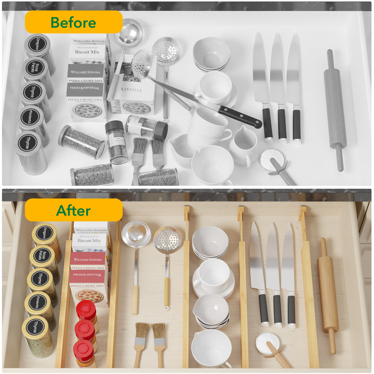 Bamboo Drawer Dividers with Labels, 6 Pack Adjustable Expandable Organizers for Kitchen, Home, Office, Dressers & Bathroom